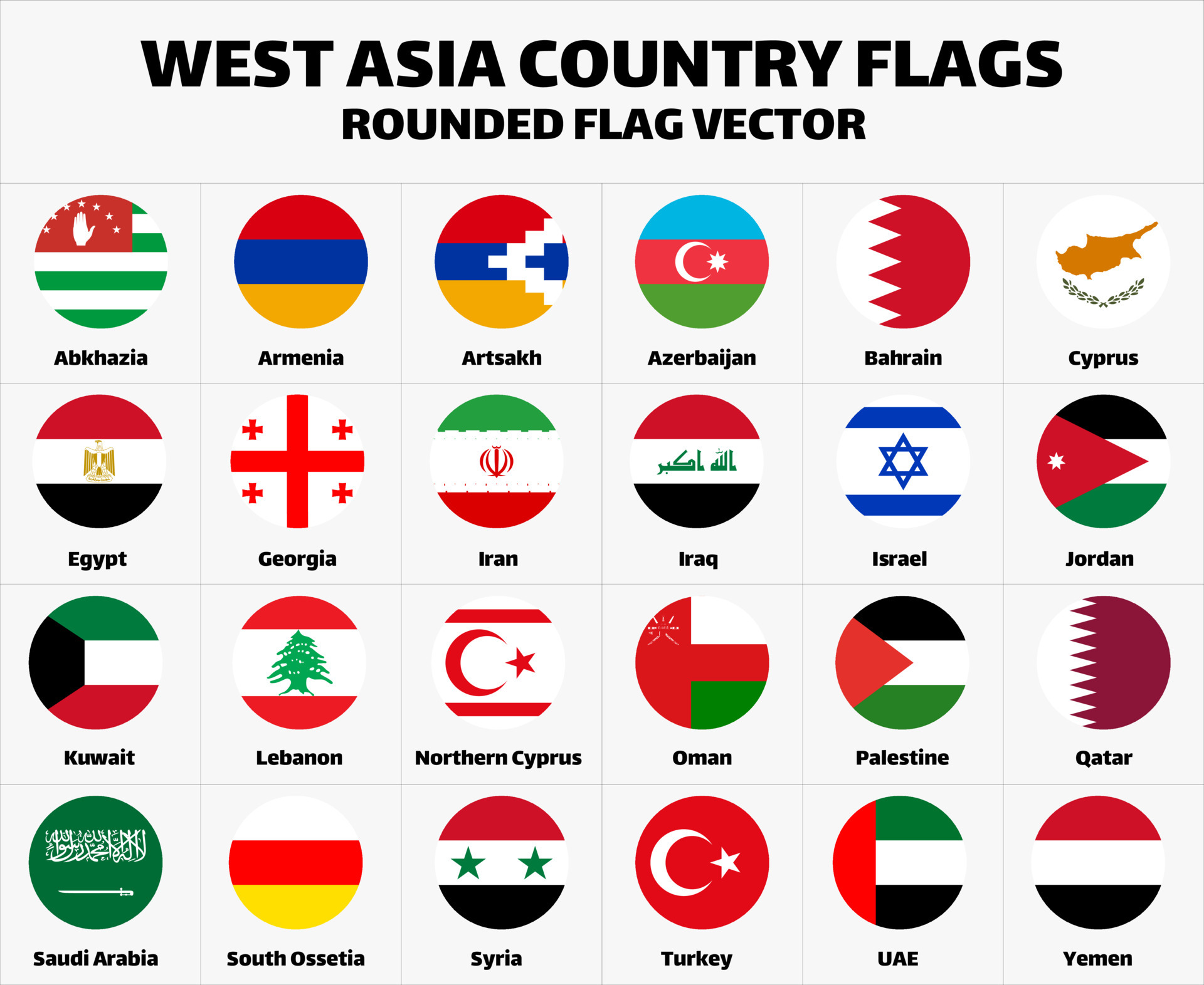 west asia country flags set collection rounded flat free vector